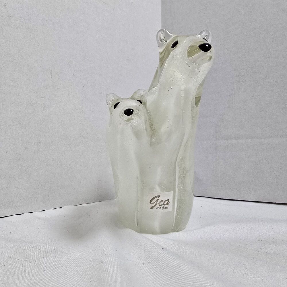 GCA Art Glass Polar Bears Mom & Baby 5.75" Clear White Murano Style Paperweight
